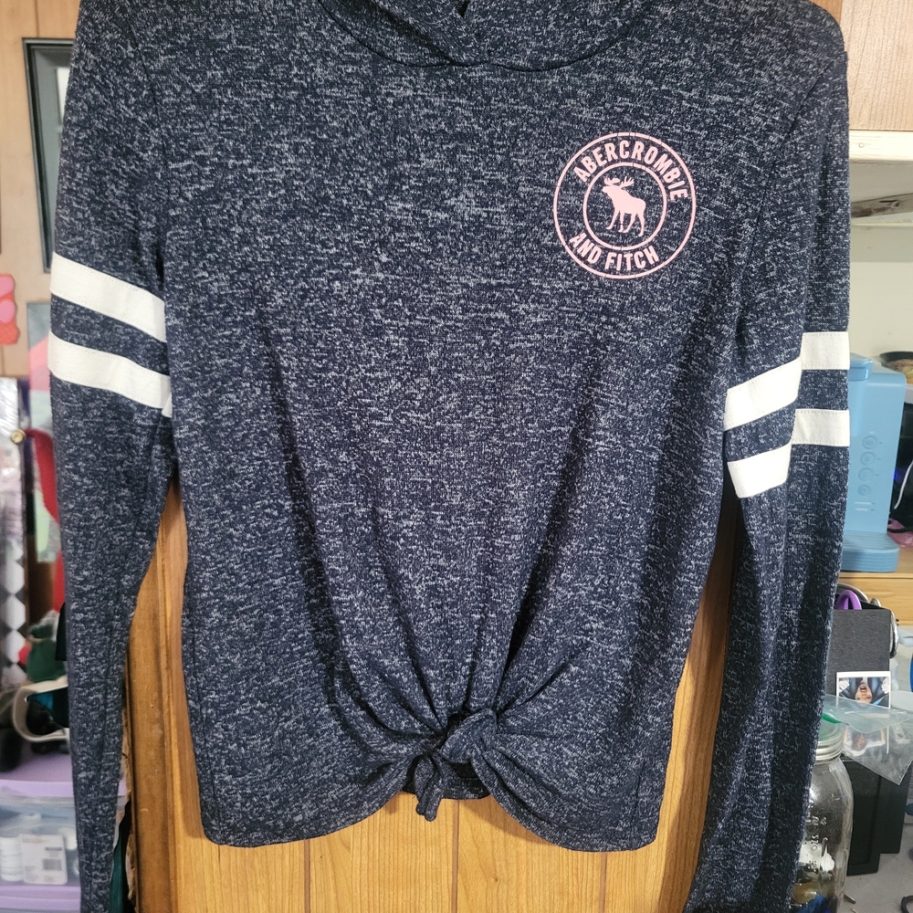 Abercrombie & Fitch Navy Marled Tie-Front Pullover with Pink Logo